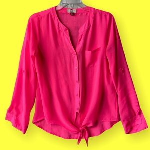 LEI top M sheer hot pink long sleeve button up with ties barbiecore pock…